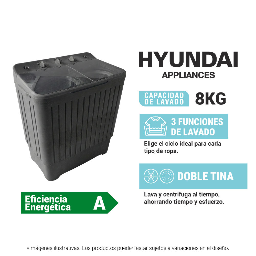 Lavadora Semiautomática Hyundai 8 Kg doble Tina HYSA8K
